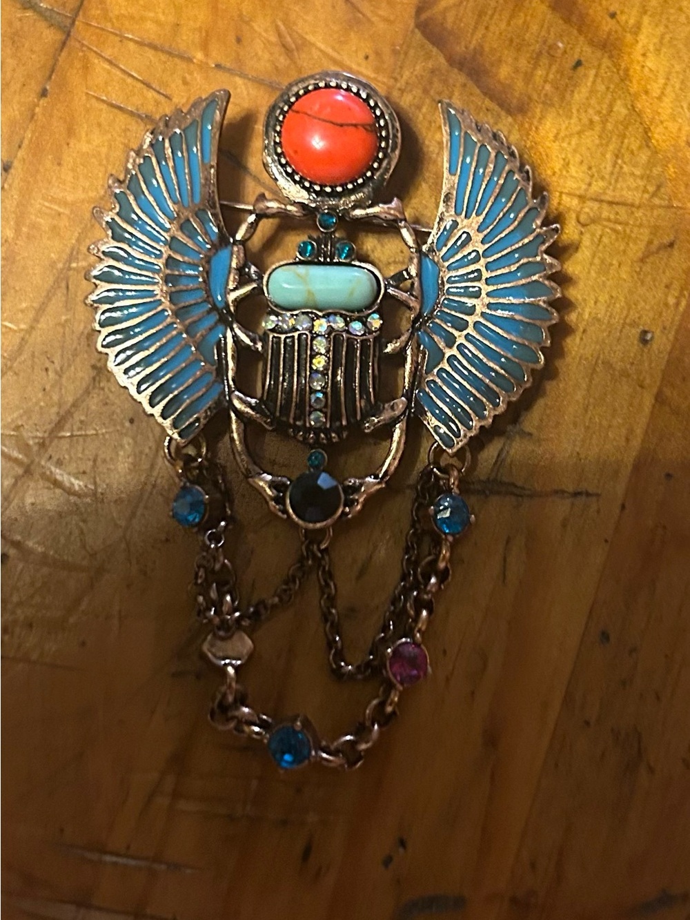 Source Unknown Blue and Coral Winged Scarab Brooch with Chain Drops - Picture 2 of 7